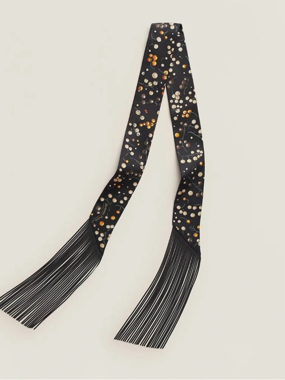 New Hermès Black Red Berries Leather Fringes Twilly